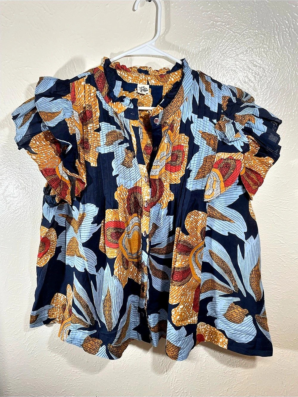 Lily & Lulu Abstract Print Blouse in Blue & Gold Size XL Like New